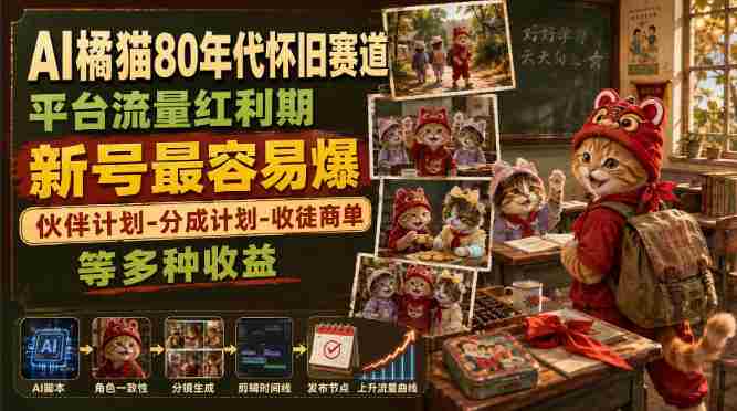 AI橘猫80年代怀旧赛道，平台流量红利期，新号最容易爆，伙伴计划-分成计划-收徒商单等多种收益-湘创网