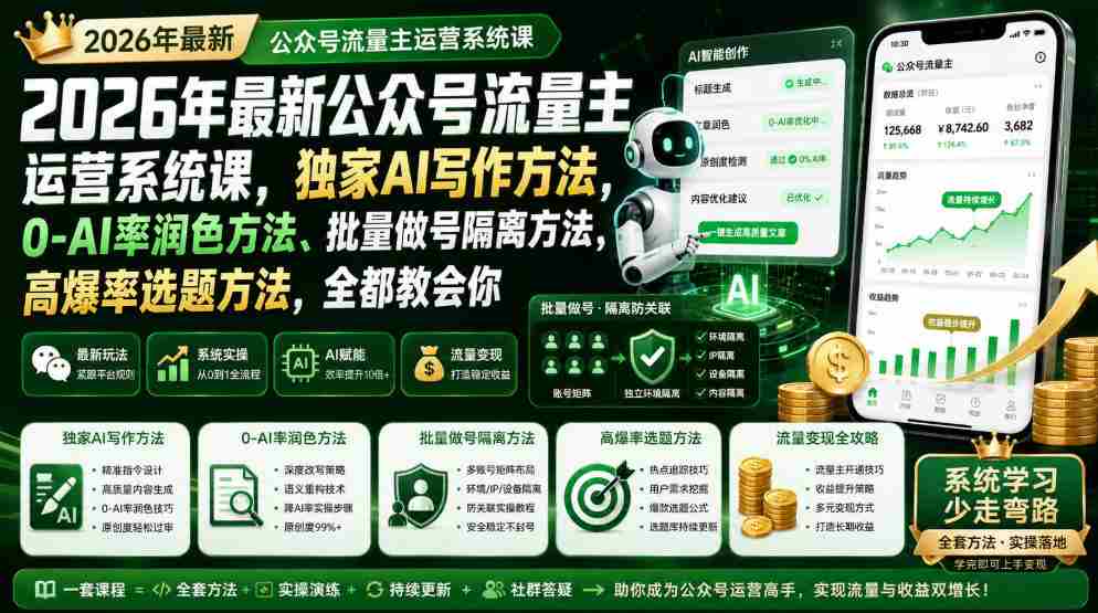 2026年最新公众号流量主运营系统课,独家AI写作方法,0-AI率润色方法、批量做号隔离方法、高爆率选题方法,全都教会你