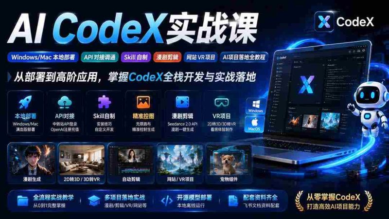 (19769期)AI CodeX实战课|Windows/Mac 本地部署|API 对接调通|Skill 自制|漫剧剪辑|网站 VR 项目|AI项目落地全教程-湘创网