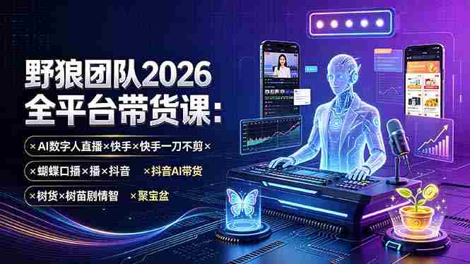 (19511期)野狼团队2026全平台带货课-7月:AI数字人直播×快手一刀不剪×蝴蝶口播×抖音AI带货×树苗剧情智剪×聚宝盆-湘创网