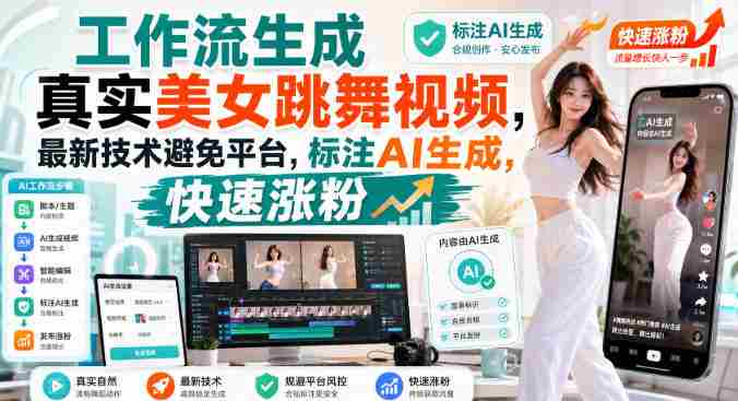 工作流生成真实美女跳舞视频,最新技术避免平台,标注AI生成,快速涨粉-湘创网