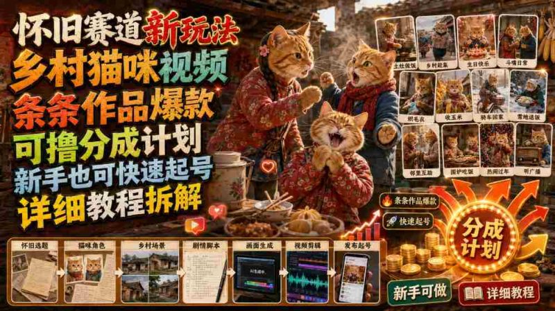 怀旧赛道新玩法,乡村猫咪视频,条条作品爆款,可撸分成计划,新手也可快速起号,详细教程拆解-湘创网