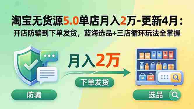 (19683期)淘宝无货源5.0单店月入2万-更新2026:开店防骗到下单发货,蓝海选品+三店循环玩法全掌握-湘创网