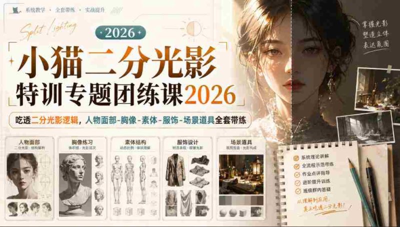 小猫二分光影特训专题团练课2026|吃透二分光影逻辑,人物面部‑胸像‑素体‑服饰‑场景道具全套带练,高清画质附赠课件与笔刷-湘创网