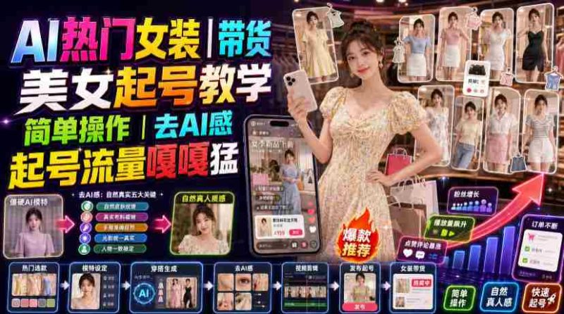 AI热门女装带货丨美女起号教学,简单操作,去AI感,起号流量嘎嘎猛-湘创网