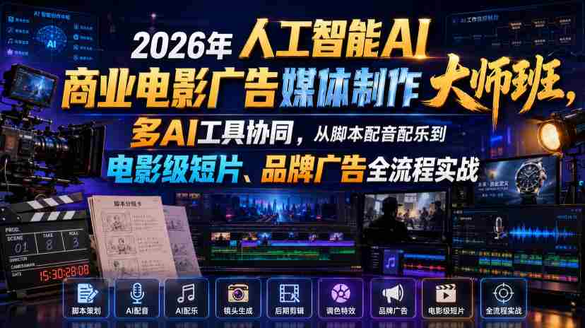 2026年人工智能AI商业电影广告媒体制作大师班,多AI工具协同,从脚本配音配乐到电影级短片、品牌广告全流程实战(中英字幕)