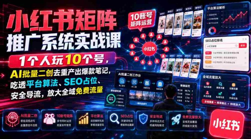 小红书矩阵推广系统实战课|1个人玩10个号,AI批量二创去重产出爆款笔记,吃透平台算法、SEO占位、安全导流,放大全域免费流量-湘创网