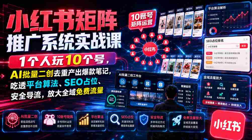 小红书矩阵推广系统实战课|1个人玩10个号,AI批量二创去重产出爆款笔记,吃透平台算法、SEO占位、安全导流,放大全域免费流量