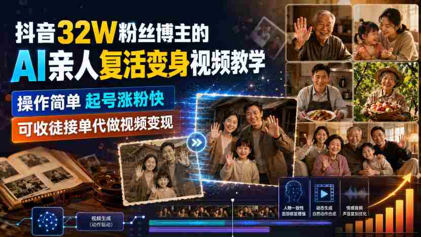 抖音32W粉丝博主的AI亲人复活变身视频教学，操作简单，起号涨粉快，可收徒接单代做视频变现-湘创网