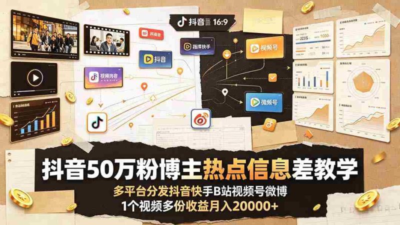 (19145期)抖音50万粉博主热点信息差教学:多平台分发抖音快手B站视频号微博,1个视频多份收益月入20000+-湘创网