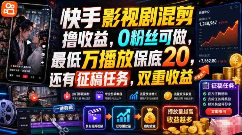 快手影视剧混剪撸收益，0粉丝可做，最低万播放保底20，还有征稿任务，双重收益-湘创网