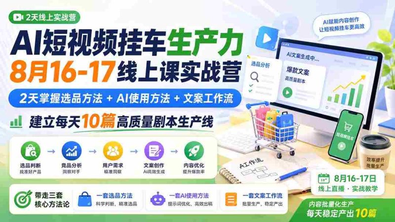 （20174期）AI短视频挂车生产力8月16-17线上课实战营：2天掌握选品方法+AI使用方法+文案工作流，建立每天10篇高质量剧本生产线-湘创网