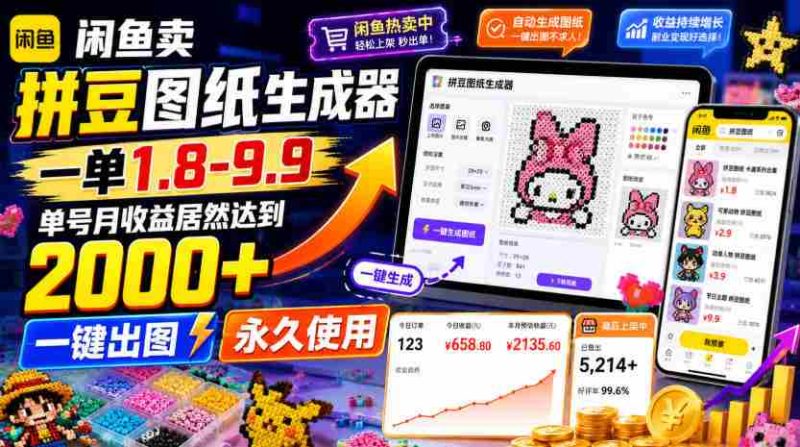 闲鱼卖拼豆图纸生成器,一单1.8-9.9,单号月收益居然达到2000+一键出图永久使用-湘创网