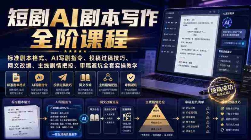 短剧AI剧本写作全阶课程|标准剧本格式、AI写剧指令、投稿过稿技巧、网文改编、主线剧情把控、审稿避坑全套实操教学-湘创网
