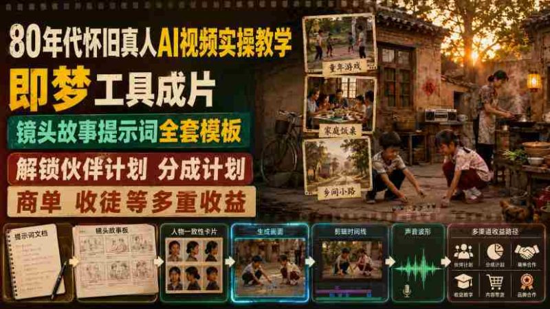 80年代怀旧真人AI视频实操教学,即梦工具成片、镜头故事提示词全套模板,解锁伙伴计划分成计划商单收徒等多重收益-湘创网