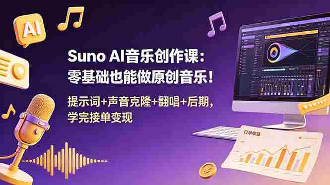 (18945期) Suno AI音乐创作课:零基础也能做原创音乐!提示词+声音克隆+翻唱+后期,学完接单变现-湘创网