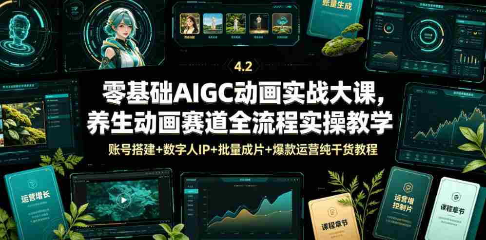 零基础AIGC动画实战大课，养生动画赛道全流程实操教学，账号搭建+数字人IP+批量成片+爆款运营纯干货教程-湘创网