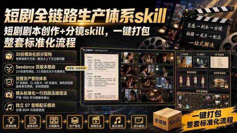 (19911期)短剧全链路生产体系skill,短剧剧本创作+分镜skill,一键打包,整套标准化流程-湘创网