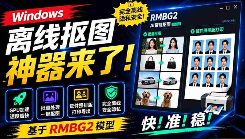 (19357期)Windows离线抠图神器来了!支持批量抠图 + 证件照排版打印,基于RMBG2模型,GPU加速 方块AI抠图-湘创网