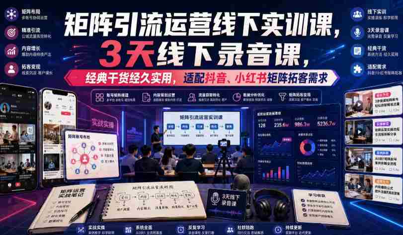 嗨推矩阵引流运营线下实训课,3天线下录音课,经典干货经久实用,适配抖音、小红书矩阵拓客需求