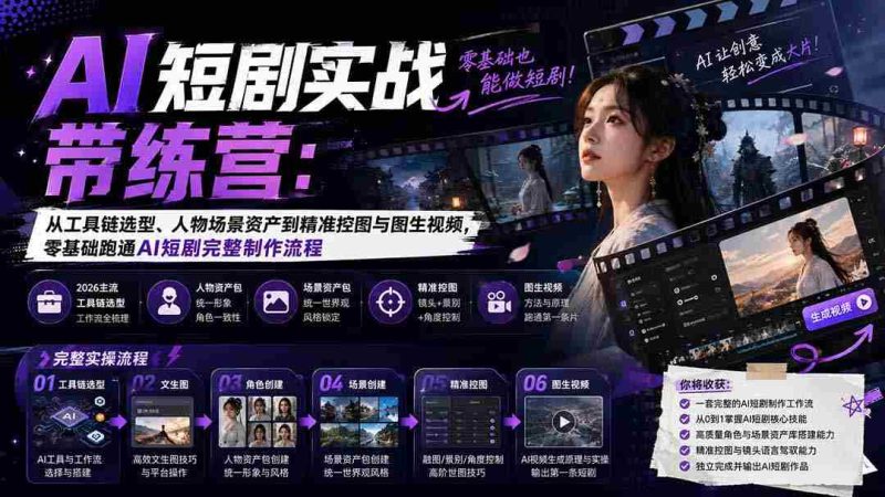 (20064期)AI短剧实战训练营:从工具链选型、人物场景资产到精准控图与图生视频,零基础跑通AI短剧完整制作流程-湘创网