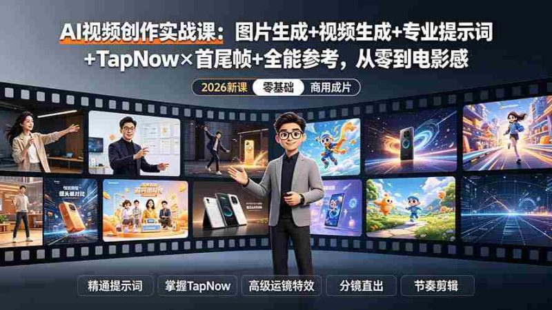 (19383期)AI视频创作实战课:图片生成+视频生成+专业提示词+TapNow×首尾帧+全能参考,从零到电影感成片-湘创网