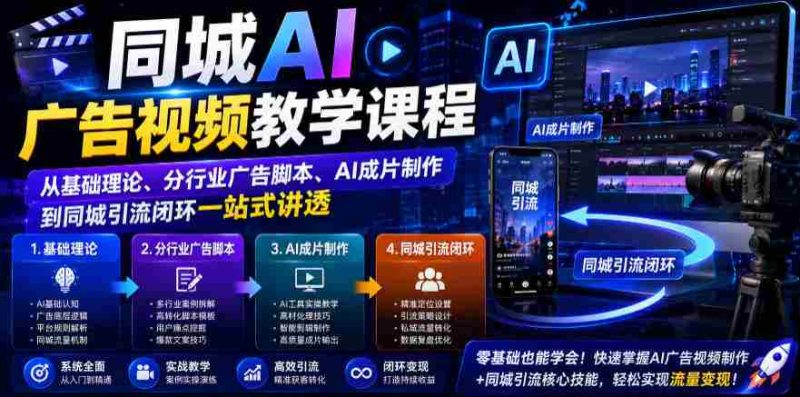 同城AI广告视频教学课程,从基础理论、分行业广告脚本、AI成片制作到同城引流闭环一站式讲透-湘创网