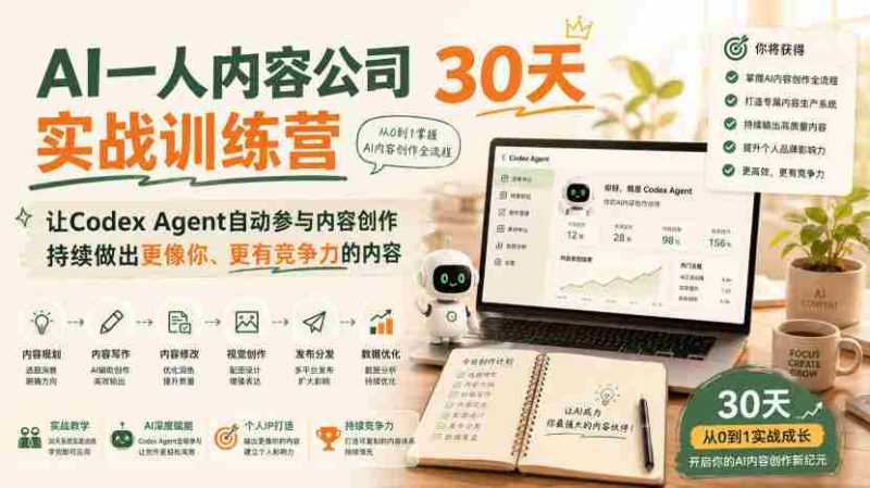 AI一人内容公司30天实战训练营,让Codex Agent自动参与内容创作持续做出更像你、更有竞争力的内容-湘创网