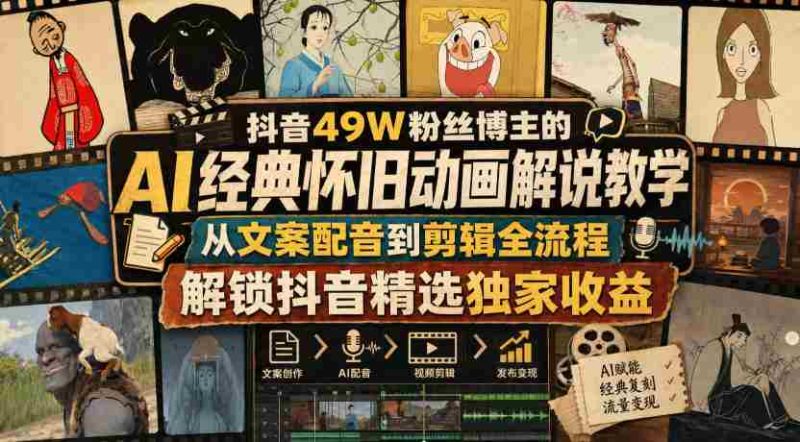 抖音49W粉丝博主的AI经典怀旧动画解说教学,从文案配音到剪辑全流程,解锁抖音精选独家收益-湘创网