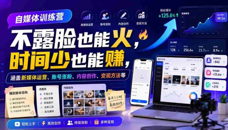 自媒体训练营,不露脸也能火,时间少也能賺,涵盖新媒体运营、账号涨粉、内容创作、变现方法等-湘创网