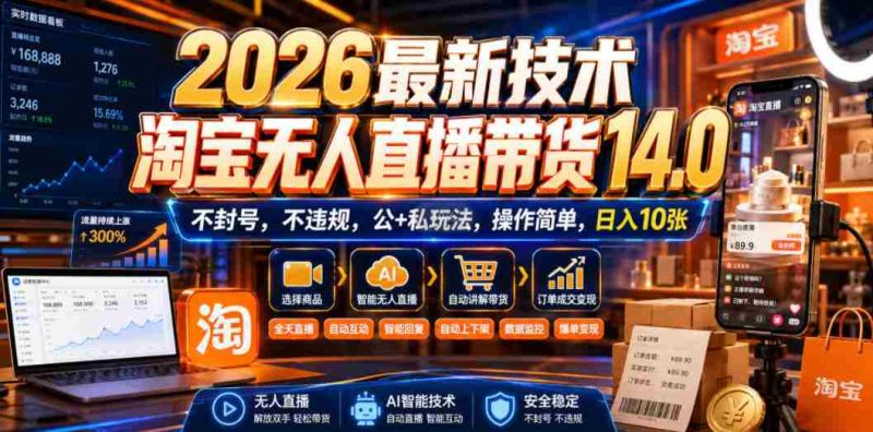 2026最新技术,淘宝无人直播带货14.0,不封号,不违规,公+私玩法,操作简单,日入10张【揭秘】-湘创网