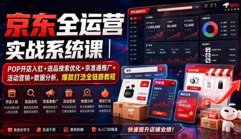 京东全运营实战系统课|POP开店入驻+选品搜索优化+京准通推广+活动营销+数据分析,爆款打造全链路教程-湘创网
