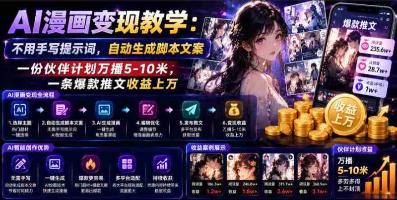 AI漫画变现教学:不用手写提示词,自动生成脚本文案,一份伙伴计划万播5-10米,一条爆款推文收益上W-湘创网