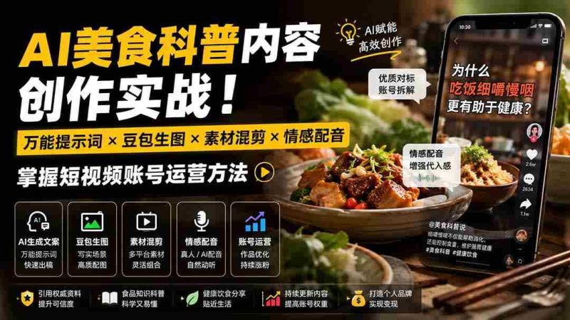 (19730期)外面卖199元-AI美食科普内容创作实战!万能提示词×豆包生图×素材混剪×情感配音,掌握短视频账号运营方法-湘创网