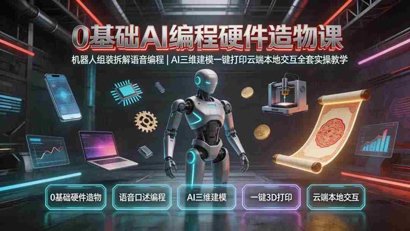 (19612期)0基础AI编程硬件造物课|机器人组装拆解语音编程,AI三维建模一键打印云端本地交互全套实操教学-湘创网