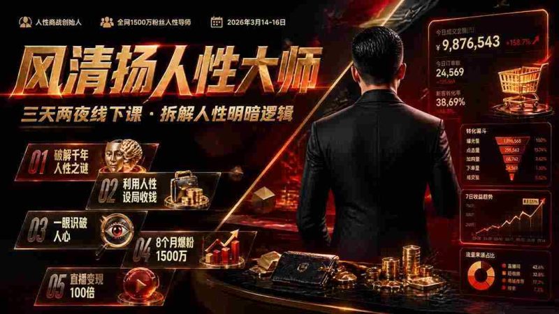 (19676期)风清扬人性大师-三天两夜3月14-16线下课2026年|拆解人性明暗逻辑,识人避坑,千万粉涨粉+直播百倍变现实战教学-湘创网