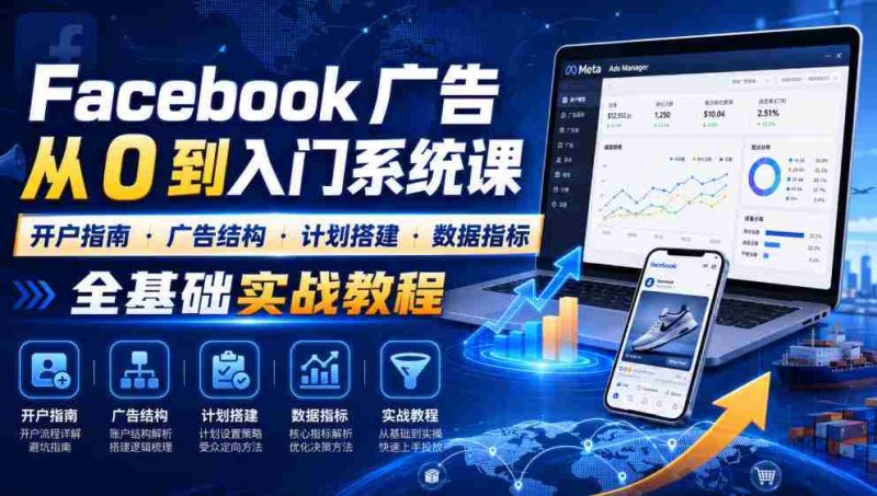 Facebook广告新手从0到入门系统课|开户指南・广告结构・计划搭建・数据指标全基础实战教程-湘创网