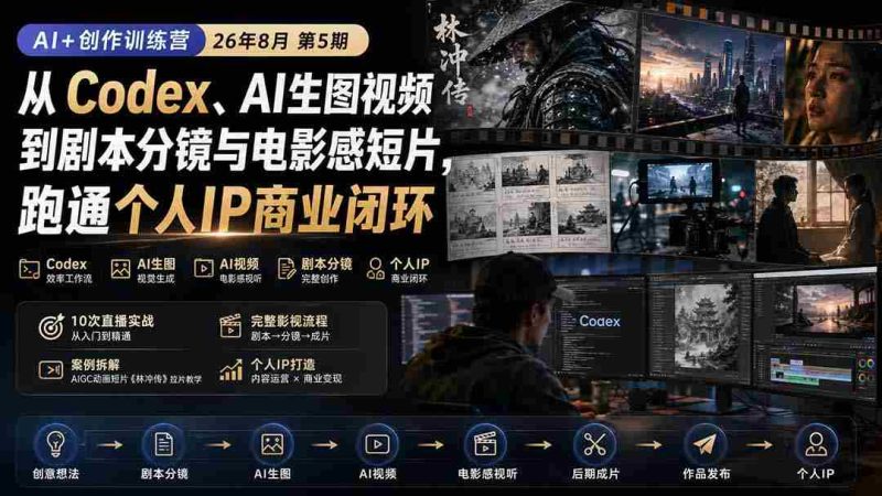 (20145期)AI+创作训练营26年8月第5期:从Codex、AI生图视频到剧本分镜与电影感短片,跑通个人IP商业闭环-湘创网