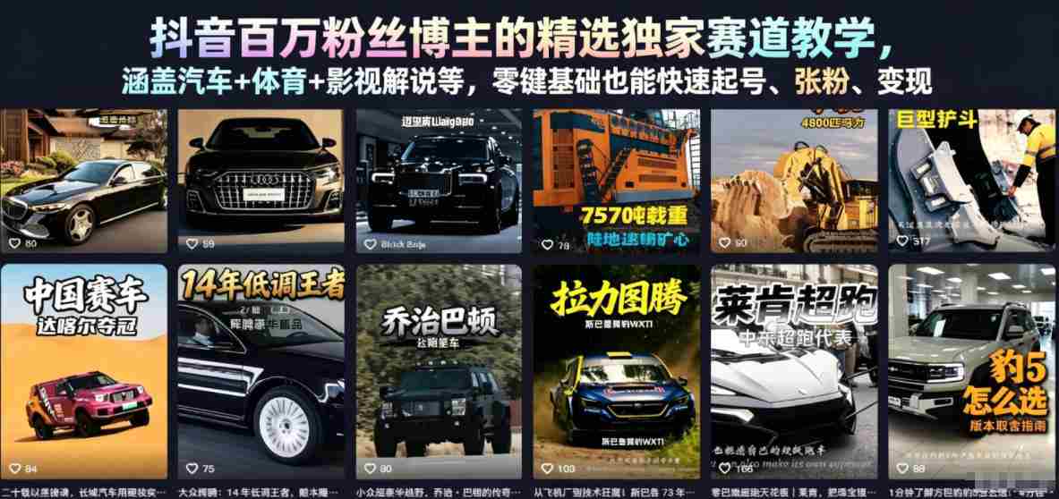 抖音百万粉丝博主的精选独家赛道教学,涵盖汽车+体育+影视解说等,零基础也能快速起号、涨粉、变现(更新0701)