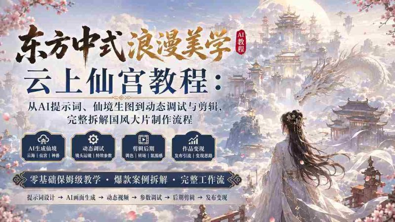 (20147期)东方中式浪漫美学云上仙宫教程:从AI提示词、仙境生图到动态调试与剪辑,完整拆解国风大片制作流程-湘创网