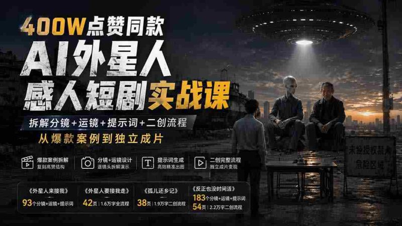 (20052期)400W点赞同款AI外星人感人短剧实战课:拆解分镜+运镜+提示词+二创流程,从爆款案例到独立成片-湘创网