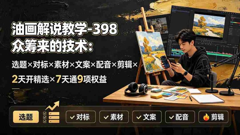 (19587期)油画解说教学-398众筹来的技术-刯新:选题×对标×素材×文案×配音×剪辑×2天开精选×7天通9项权益-湘创网