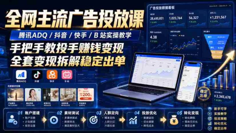全网主流广告投放课,腾讯ADQ / 抖音 / 快手 / B 站实操教学,手把手教投手赚钱变现,全套变现拆解稳定出单-湘创网