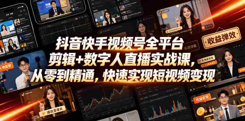 抖音快手视频号全平台剪辑+数字人直播实战课,从零到精通,快速实现短视频变现(更新2026年6月)