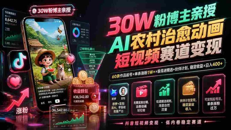 (19648期)30W粉博主亲授AI农村治愈动画短视频赛道变现:60条作品起号×单条涨粉1W+×极易进精选+伙伴计划,稳定收益×日入400+-湘创网