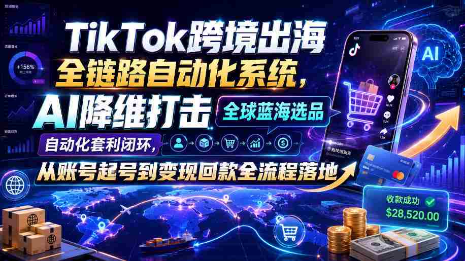 TikTok跨境出海全链路自动化系统,AI降维打击全球蓝海选品自动化套利闭环,从账号起号到变现回款全流程落地(2026年7月)