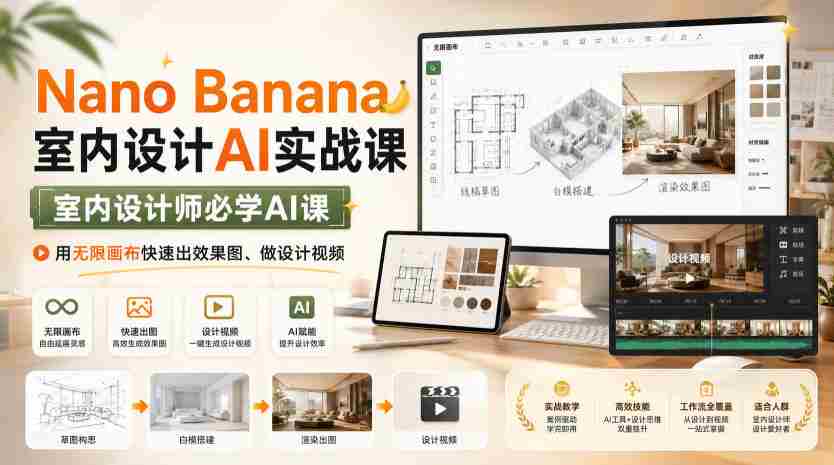 Nano Banana室内设计AI实战课,室内设计师必学AI课,用无限画布快速出效果图、做设计视频