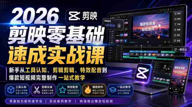 2026剪映零基础速成实战课|新手从工具认知、剪辑剪辑、特效配音到爆款短视频完整制作一站式教学-湘创网