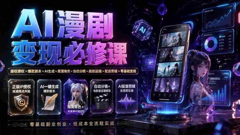 (19664期)AI漫剧变现必修课:版权授权×爆款剧本×AI生成×高清角色×自动分镜×高级运镜×配音剪辑×零基础变现-湘创网