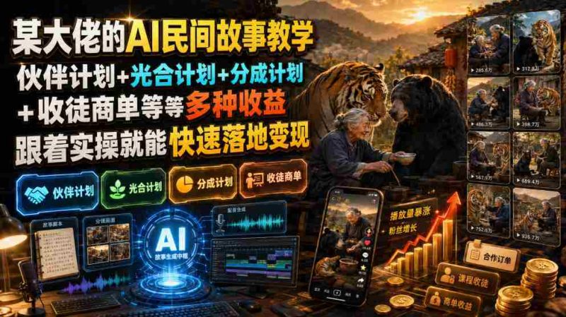 某大佬的AI民间故事教学,伙伴计划+光合计划+分成计划+收徒商单等多种收益,跟着实操就能快速落地变现-湘创网